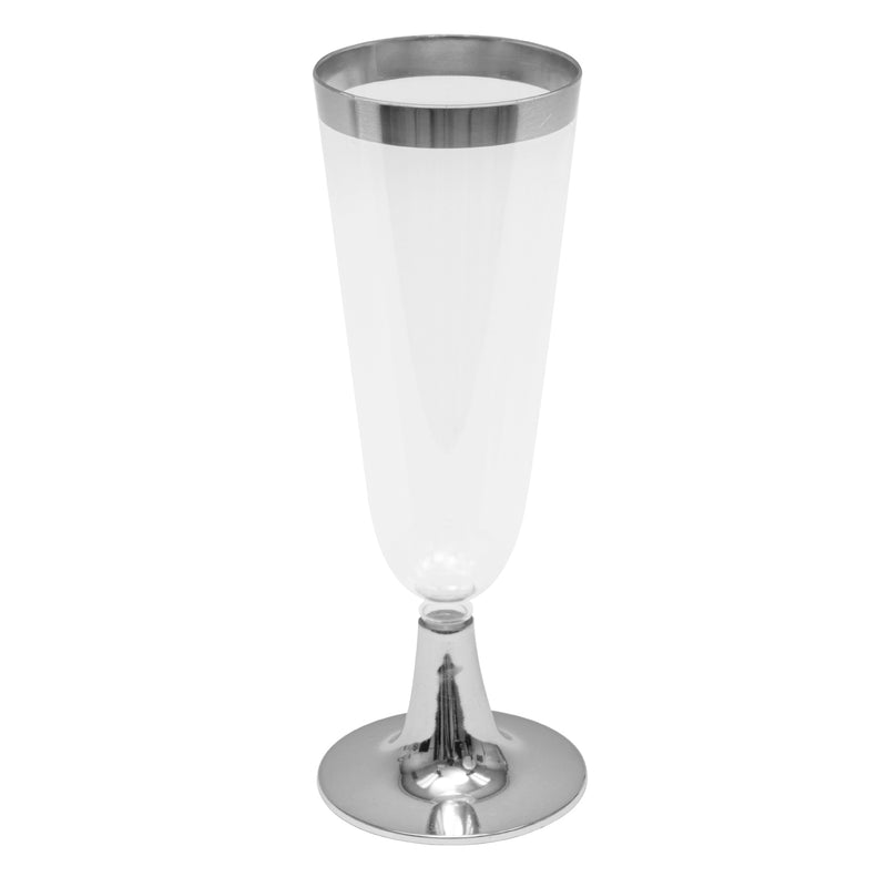 Plastic Champagne Flutes with Metallic Trim 6¼" 12pc/pack - Silver - Events and Crafts-DecorFest