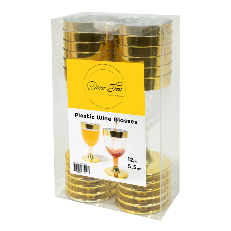 Plastic Wine Glasses with Metallic Trim 4¾" 12pc/pack - Gold - Events and Crafts-DecorFest