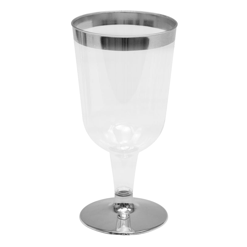 Plastic Wine Glasses with Metallic Trim 4¾" 12pc/pack - Silver - Events and Crafts-DecorFest