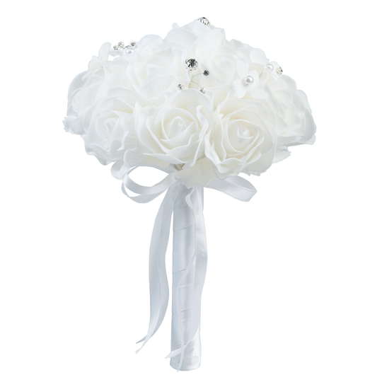 Artificial Foam Rose Bouquet with Rhinestones - White