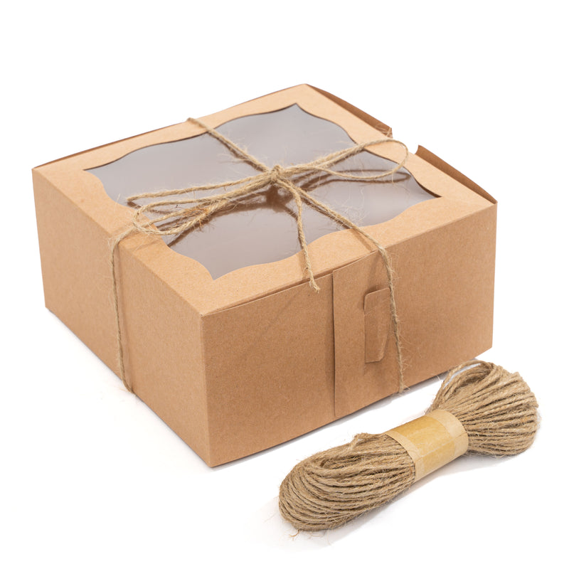 Pastry Boxes with Window and Twine | 50 Pack - Brown