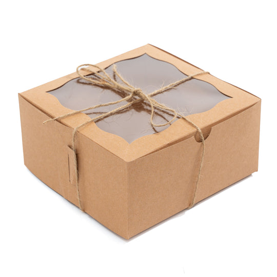 Pastry Boxes with Window and Twine | 50 Pack - Brown