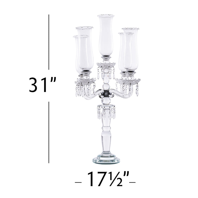 Crystal 5 Arm Candelabra with Glass Hurricane Globes 31"