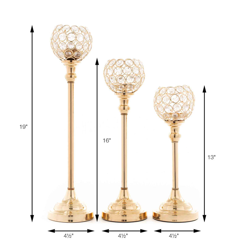 Crystal Ball Candle Holder 3 Piece Set - Gold