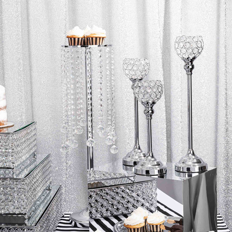 Crystal Ball Candle Holder 3 Piece Set - Silver