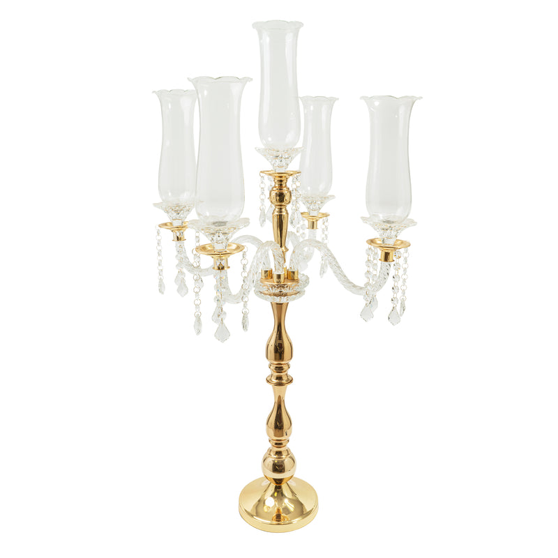 Crystal Candelabra 5 arm Glass Hurricane Globes 39" - Gold