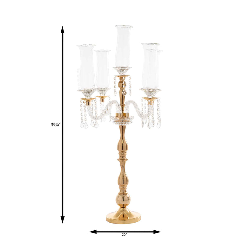 Crystal Candelabra 5 arm Glass Hurricane Globes 39" - Gold