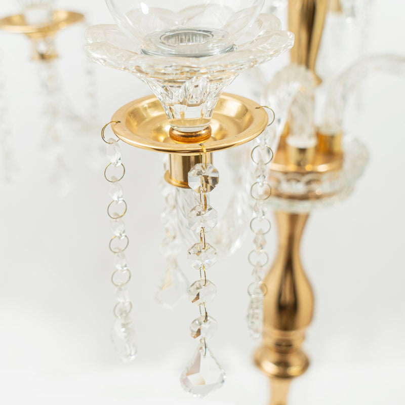 Crystal Candelabra 5 arm Glass Hurricane Globes 39" - Gold