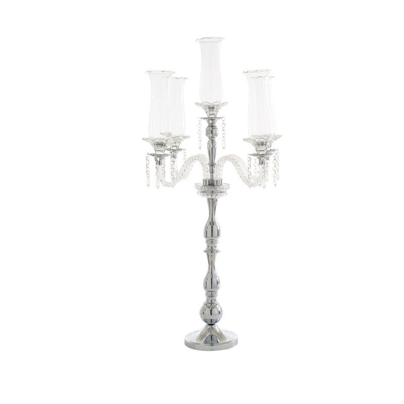 Crystal Candelabra 5 arm Glass Hurricane Globes 39"- Silver