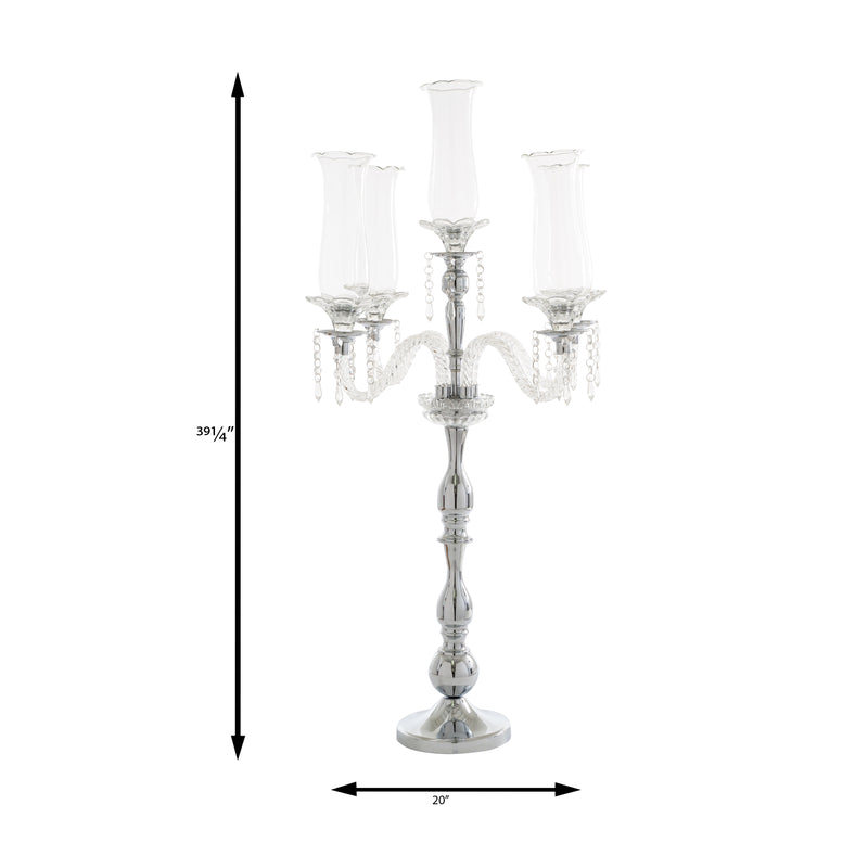 Crystal Candelabra 5 arm Glass Hurricane Globes 39"- Silver