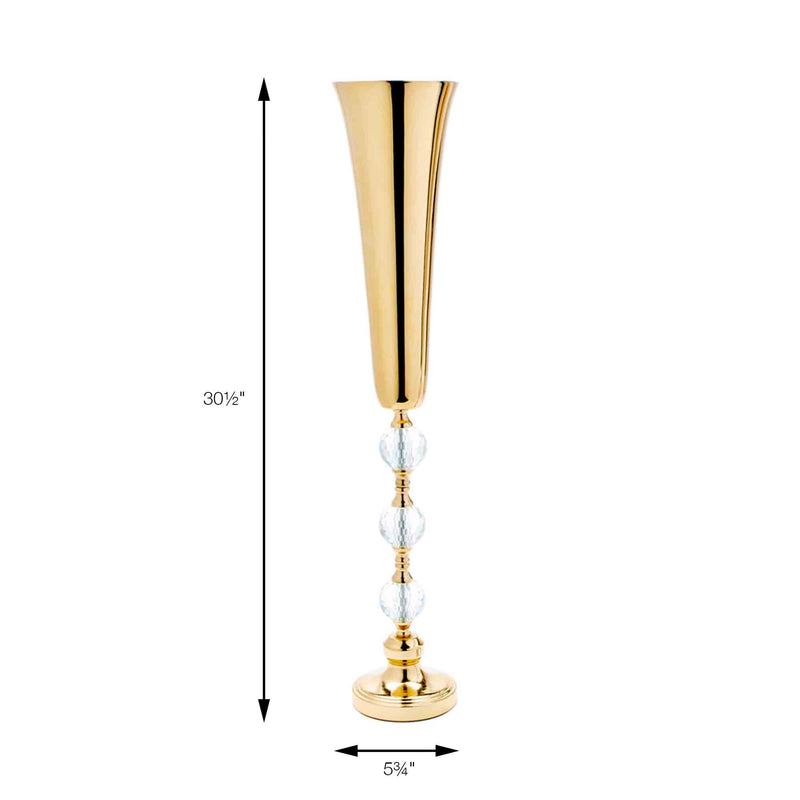 Metal Trumpet Floral Vase with Three Crystals - Gold