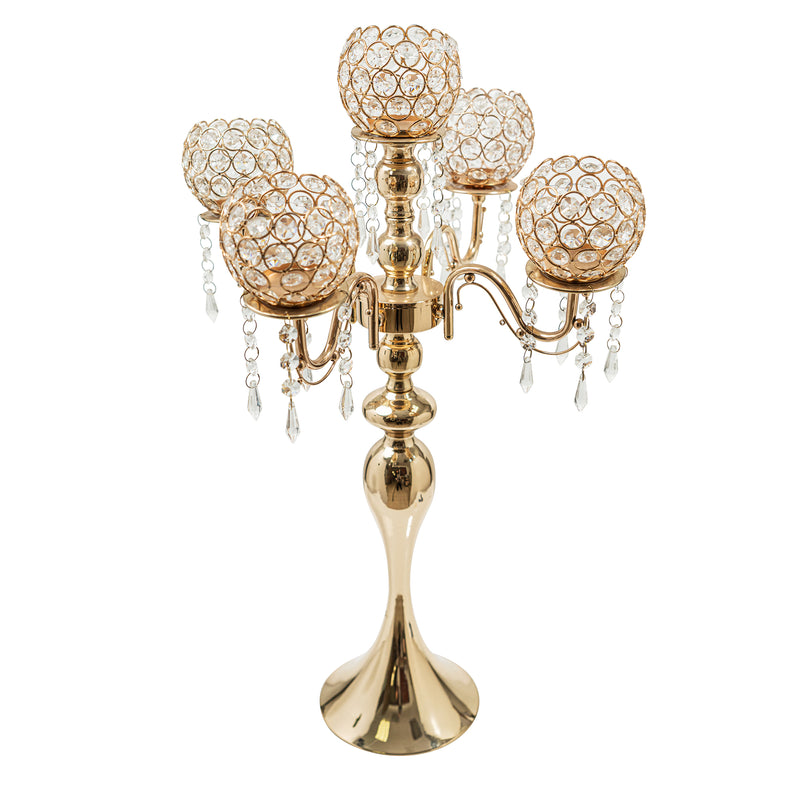 5 Arm Crystal Metal Candle Holder 27.5" - Gold