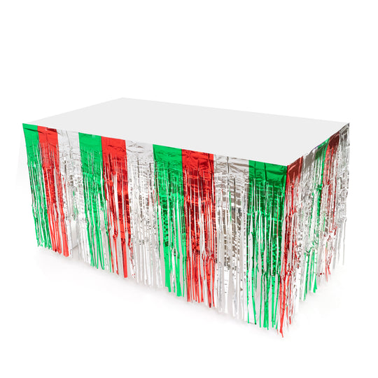 Metallic Fringe Table Skirt - Green, Red, Silver