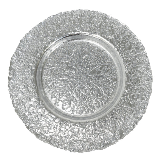 Floral Patten Glass Charger Plate 13" - Silver