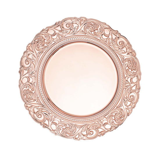 Baroque Plastic Charger Plate With Filigree Rim 14" - Rose Gold