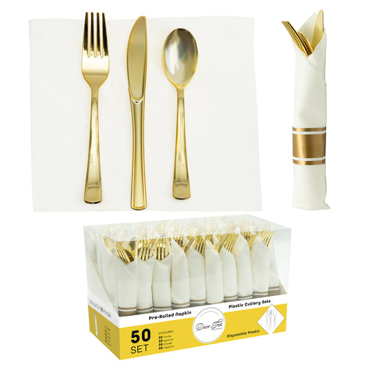 Premium Pre-rolled Napkin and Plastic Cutlery Set, Set of 50 – Gold