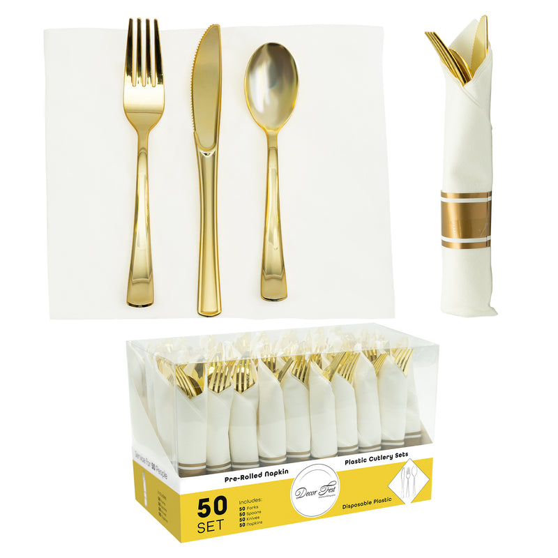 Premium Pre-rolled Napkin and Plastic Cutlery Set, Set of 50 – Gold - Events and Crafts-DecorFest