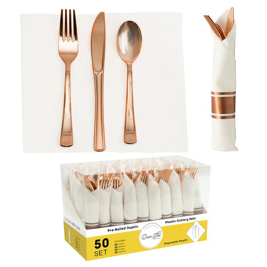 Premium Pre-rolled Napkin and Plastic Cutlery Set, Set of 50 – Rose Gold