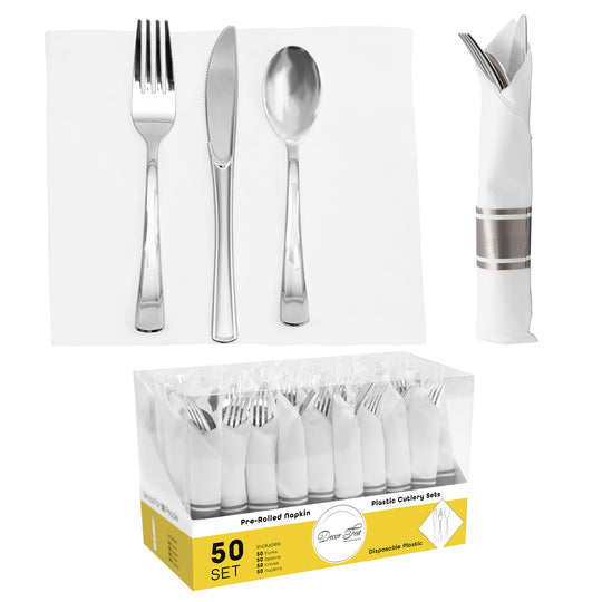 Premium Pre-rolled Napkin and Plastic Cutlery Set, Set of 50 – Silver
