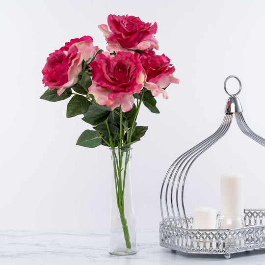 Artificial Full Bloom Rose Bouquet-Fuchsia
