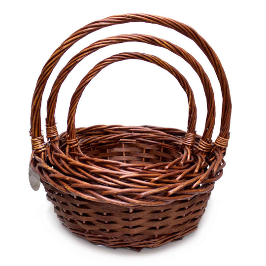 Round Wicker Baskets with Handle Set of 3 - Brown
