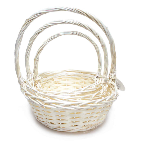 Round Wicker Baskets with Handle Set of 3 - White