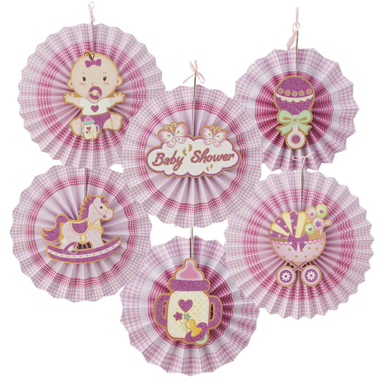 Baby Shower Paper Fan Decoration Set of 6 - Pink