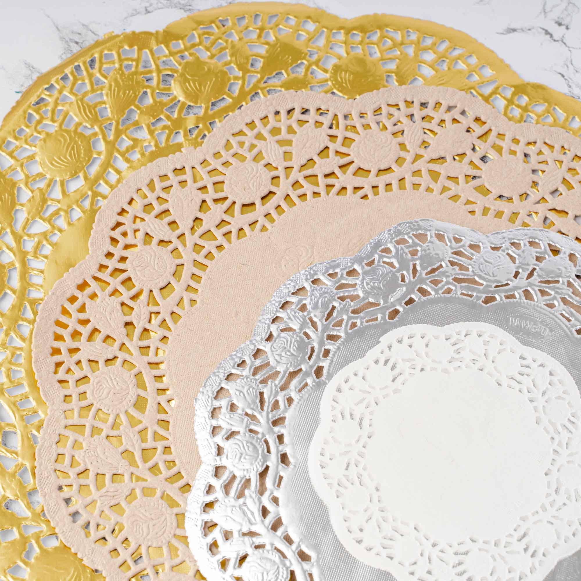  Worlds 100pc Round Gold Metallic Foil Paper Doilies, Lace Paper  Doilies (5 Sizes,4 in 6 in 8 in 10 in 12 in Inch), Gold : Home & Kitchen