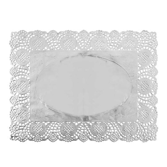 Rectangle Lace Metallic Paper Doilies 15½" L x 11¾" W - Set of 100-Silver