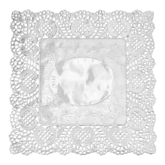 Square Lace Metallic Paper Doilies 12" - Set of 100-Silver
