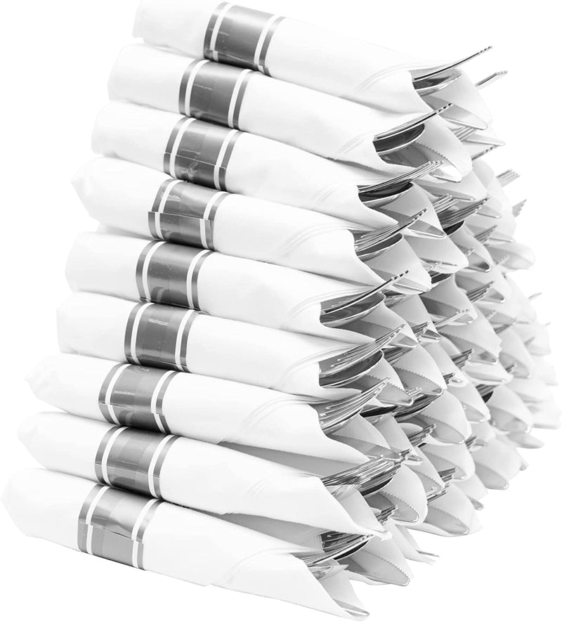 Premium Pre-rolled Napkin and Plastic Cutlery Set, Set of 50 – Silver - Events and Crafts-DecorFest
