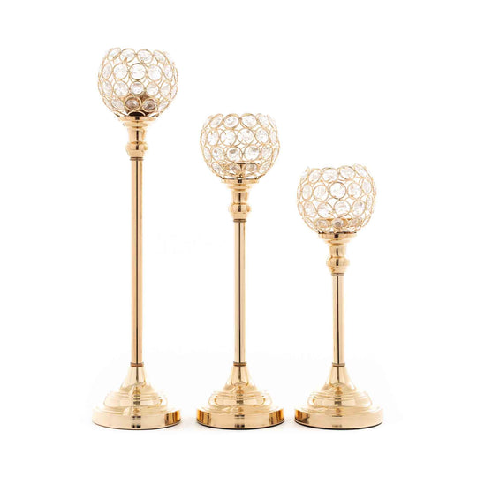 Crystal Ball Candle Holder 3 Piece Set - Gold