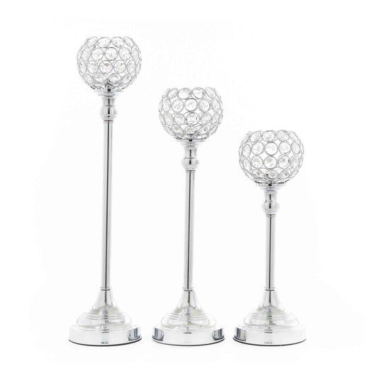 Crystal Ball Candle Holder 3 Piece Set - Silver