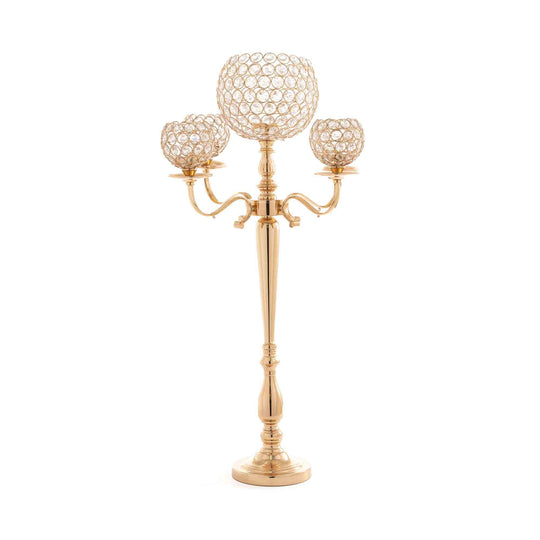 Crystal Globe Four Arm Candelabra 34" - Gold