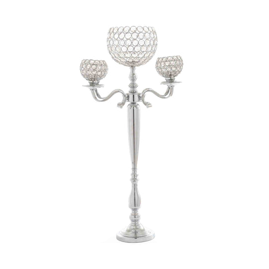 Crystal Globe Four Arm Candelabra 34" - Silver