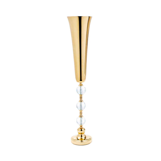Metal Trumpet Floral Vase with Three Crystals - Gold