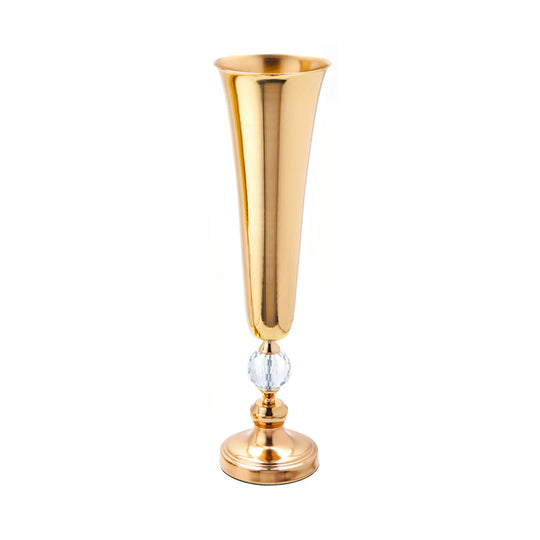 Metal Trumpet Floral Vase with Crystal - Gold