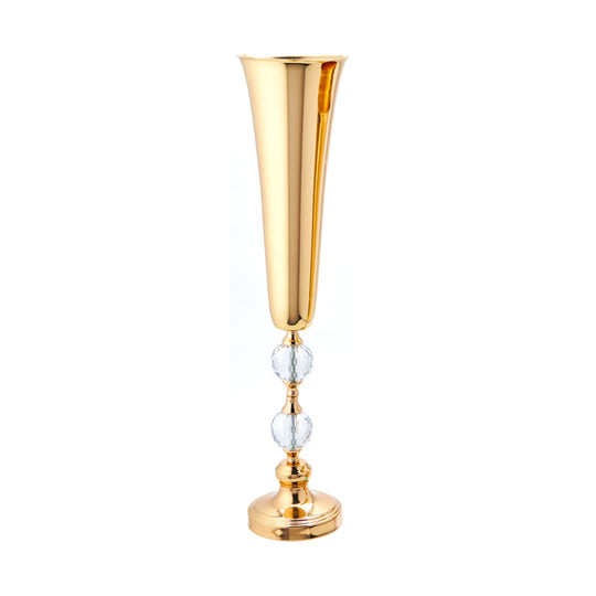 Metal Trumpet Floral Vase with Two Crystals 26.25" - Gold