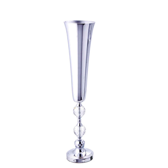 Metal Trumpet Floral Vase with Two Crystals 26.25" - Silver