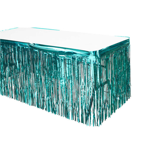 Metallic Fringe Table Skirt - Aqua