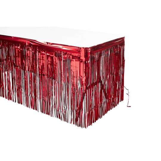 Metallic Fringe Table Skirt - Red