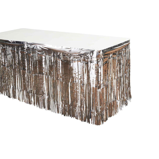 Metallic Fringe Table Skirt - Silver