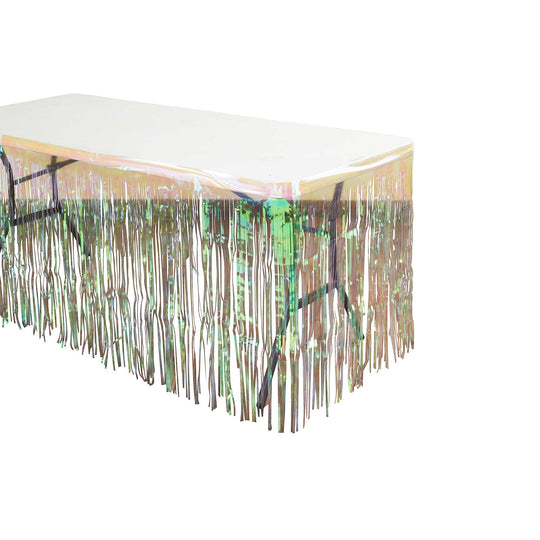Metallic Fringe Table Skirt - White Iridescent