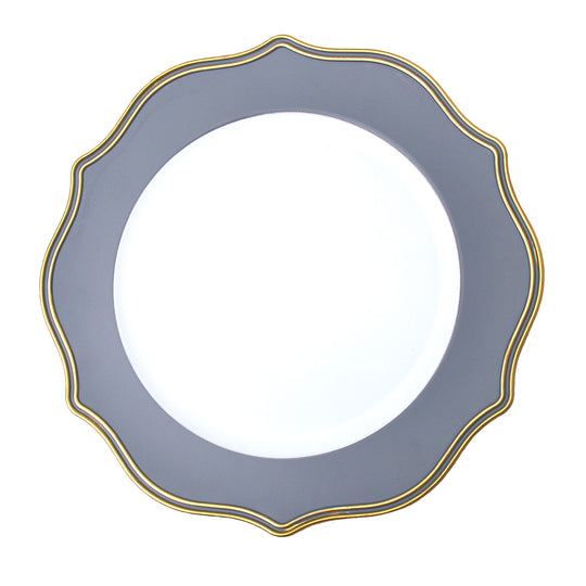 Scalloped with Gold Trim Plastic Charger Plate 13" - Grey